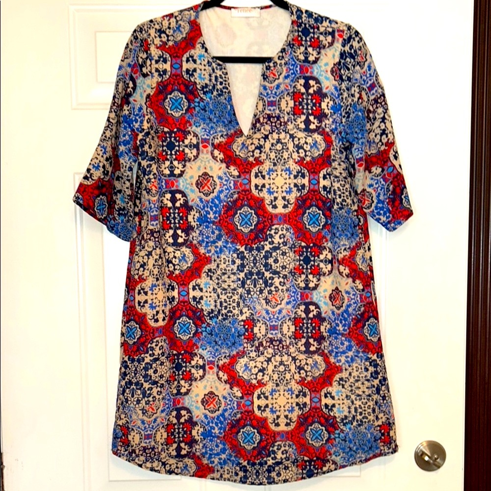 Renee C. Colorful V-neck Shift Patterned Dress L Maximalist USA Made